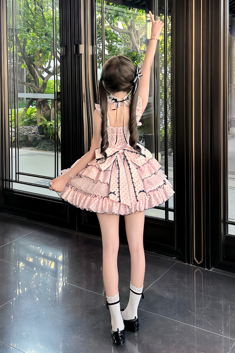 Pink Sleeveless Multi-Layered Polka Dots Printed Ruffled Bow Sweet Princess (Dress Only) detail view 9