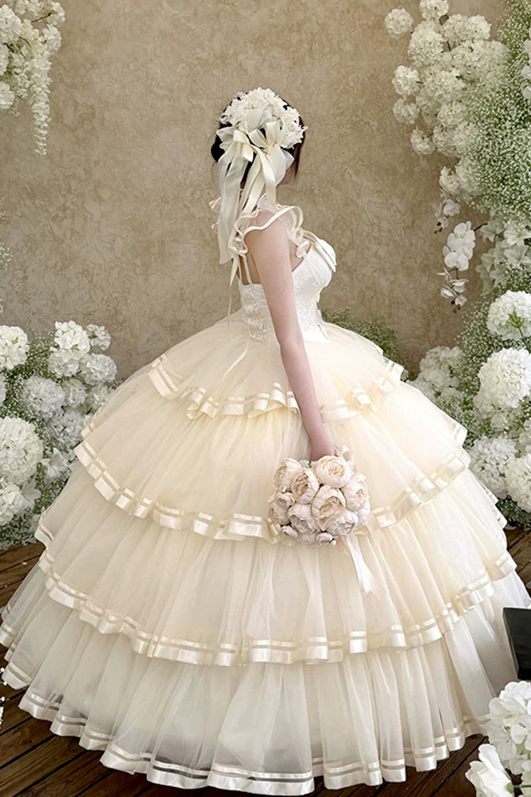 Apricot [Sweet Organza Satin] Sleeveless Multi-Layered Ruffled Hanayome Bow Lace Sweet Elegant Princess Lolita Jsk Dress - Product - 8