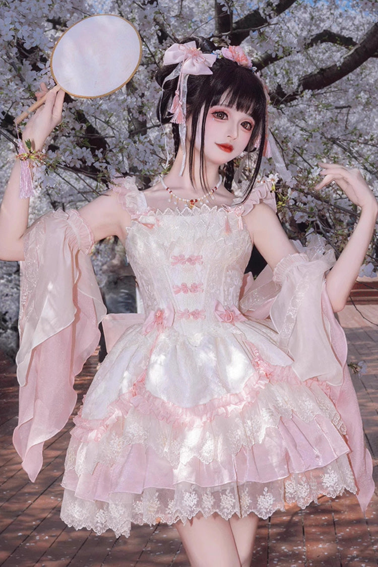 Pink [Lyrics in the Midst of Flowers] Ruffle Embroidery Bowknot Chinese Style Elegant Sweet Lolita Jsk Dress - Pink - 1