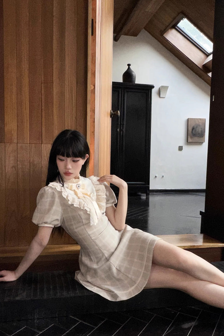 Apricot Short Sleeves Plaid Printed Lace Jirai Kei Japanese Dress - Product - 5