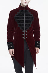 Red Stand Collar Lace Splice Swallow Tailed Men's Gothic Coat - Red - 1