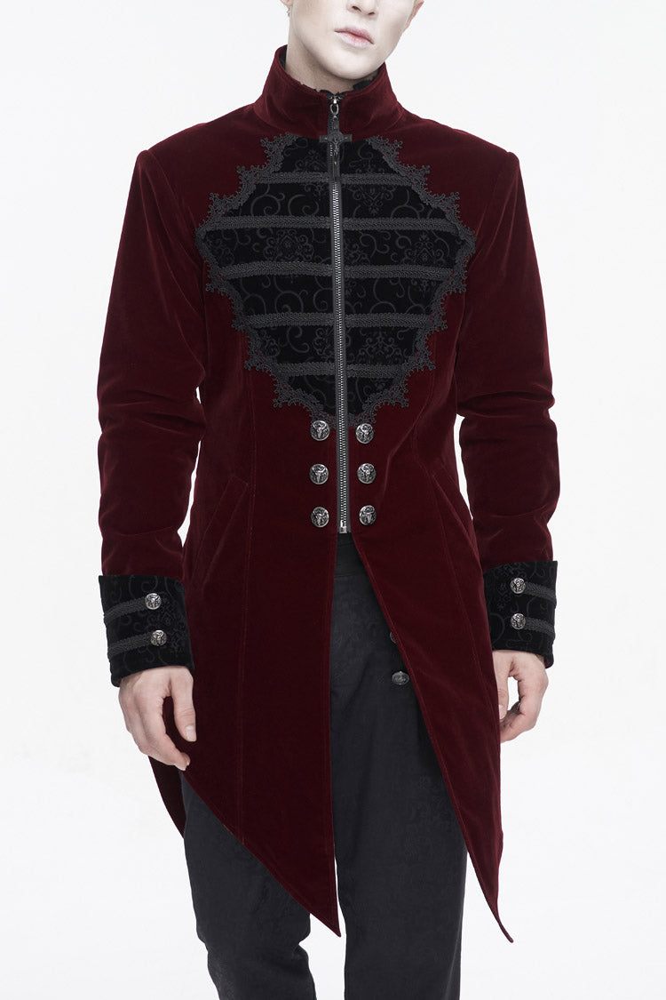 Red Stand Collar Lace Splice Swallow Tailed Men's Gothic Coat - Red - 1