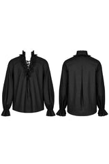 Black Gothic Pure Cotton No Elasticity Neckline Pleats Lace Ruffle Embroidery Tie Rope Design Men's Shirt - Product - 5