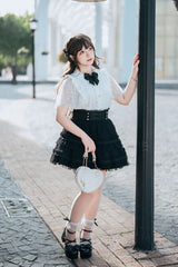 Black/White [Snow Velvet Bunny] Short Sleeves Double-Layered Ruffled Bow Lace Plus Size Japanese Sailor Collar Two-piece Set - Product - 10