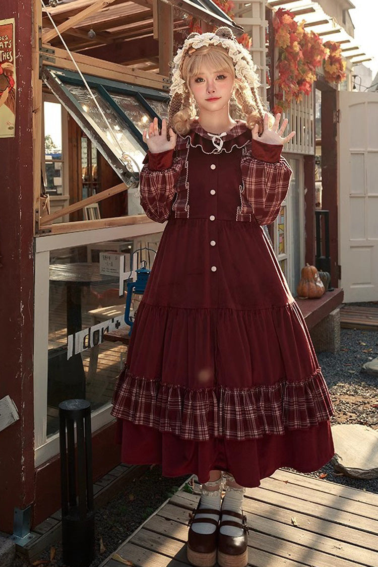 Red Velvet Plaid Print Bowknot Christmas Sweet Lolita Dress - Product - 3