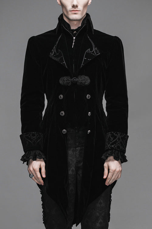 Black Embroidered Collar Long Sleeves Mens Velveteen Tuxedo Gothic Coat - Black - 1
