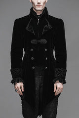 Black Embroidered Collar Long Sleeves Mens Velveteen Tuxedo Gothic Coat - Black - 1