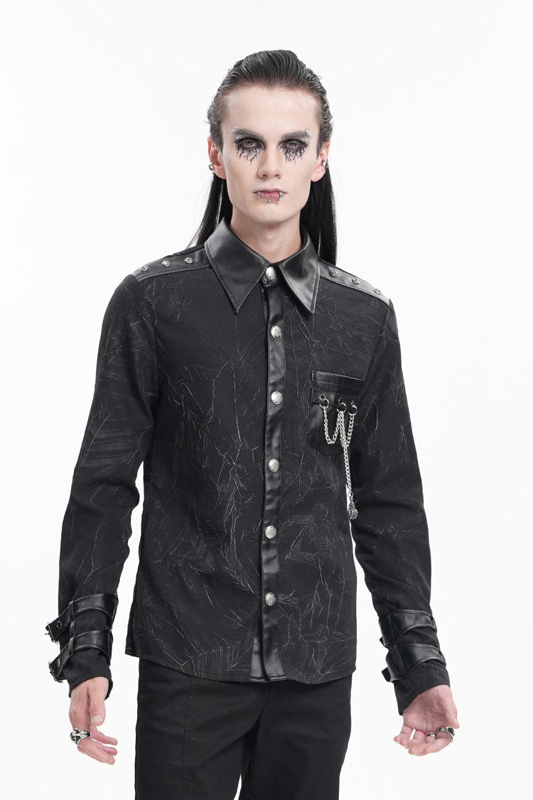 Black Lapel Collar Long Sleeves Buckle Chain Men's Gothic Blouse - Product - 3