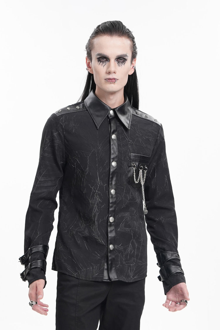 Black Lapel Collar Long Sleeves Buckle Chain Men's Gothic Blouse - Product - 3