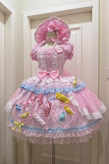 Pink [Candy Party] Short Sleeves Multi-Layered Ruffled Bow Lace Lace-Up Sweet Lolita Dress - Pink - 1