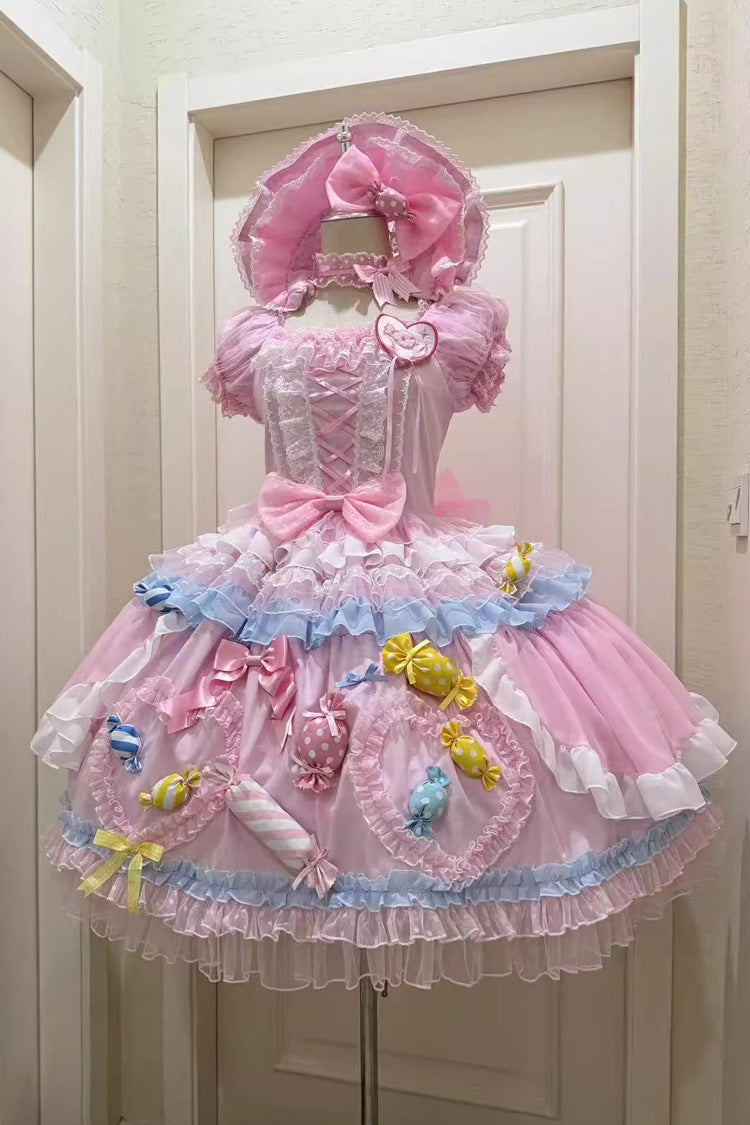 Pink [Candy Party] Short Sleeves Multi-Layered Ruffled Bow Lace Lace-Up Sweet Lolita Dress - Pink - 1
