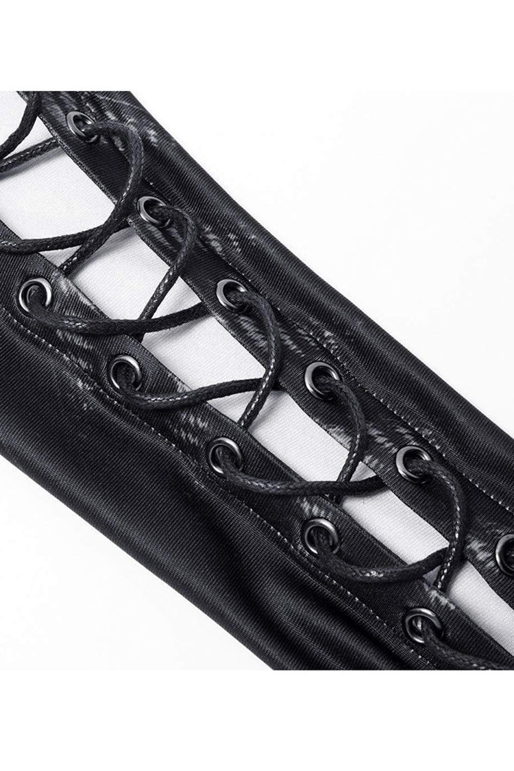 Black/Grey Gothic Perspective Elasticity Skeleton Print Cross Tie Rope Design Mesh Women's T-Shirt - Product - 7