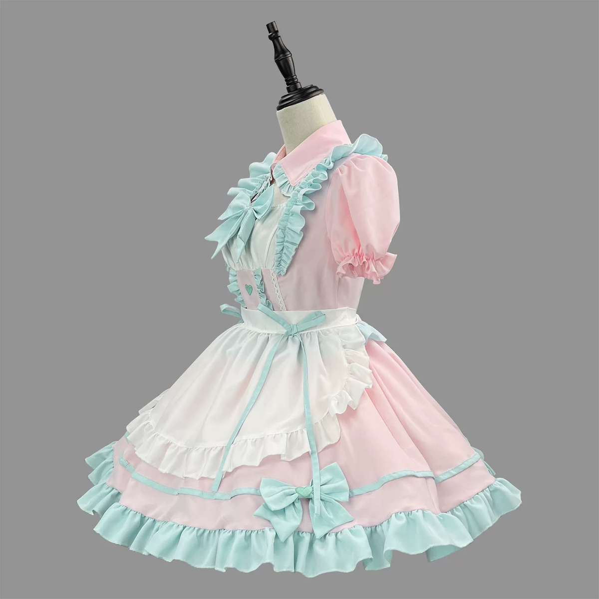 Pink and Mint Green Ruffled Maid Lolita Dress with Apron Bow Accent - view 2