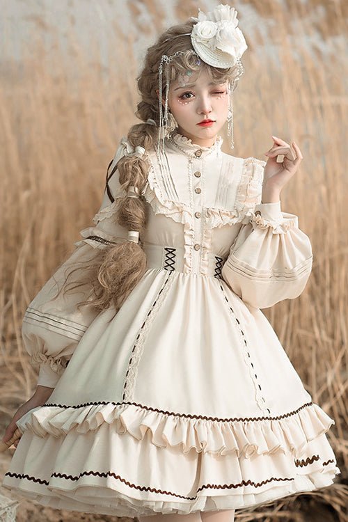 Beige Lantern Sleeves Multi-Layer Ruffled Removable Sweet Lolita OP Tiered Dress - Product - 5