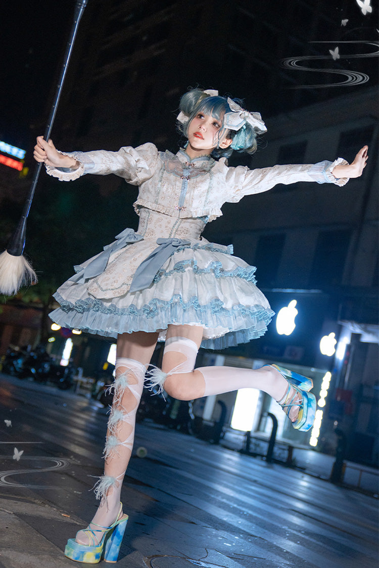 Light Green Multi-layer Ruffle Embroidery Bowknot Chinese Style Sweet Lolita Jsk Dress - Product - 6