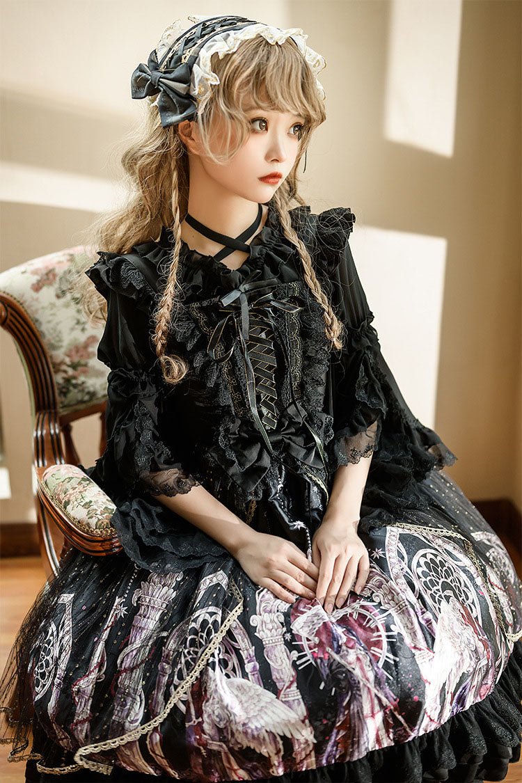 Black Ancient Mythology Angel Wings Print Mesh Stitching Bowknot Ruffled Gothic Lolita Jsk Dress - Product - 5