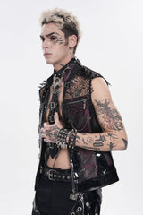 Black Stand Collar Sleeveless Spliced Mesh Studded Zippered Chain-Decorated Eyelet Men's Punk Vest - Product - 5