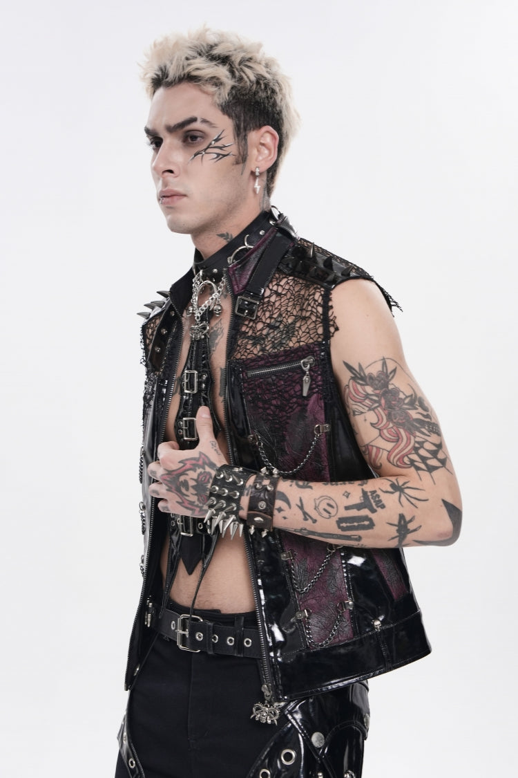 Black Stand Collar Sleeveless Spliced Mesh Studded Zippered Chain-Decorated Eyelet Men's Punk Vest - Product - 5