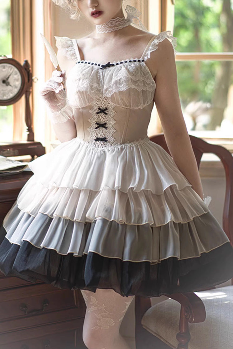 Multi-Color Paris Sunset Waist Fishbone Small Flying Sleeves Tiered Ruffle Sweet Lolita JSK Dress - Multi-Color - 1