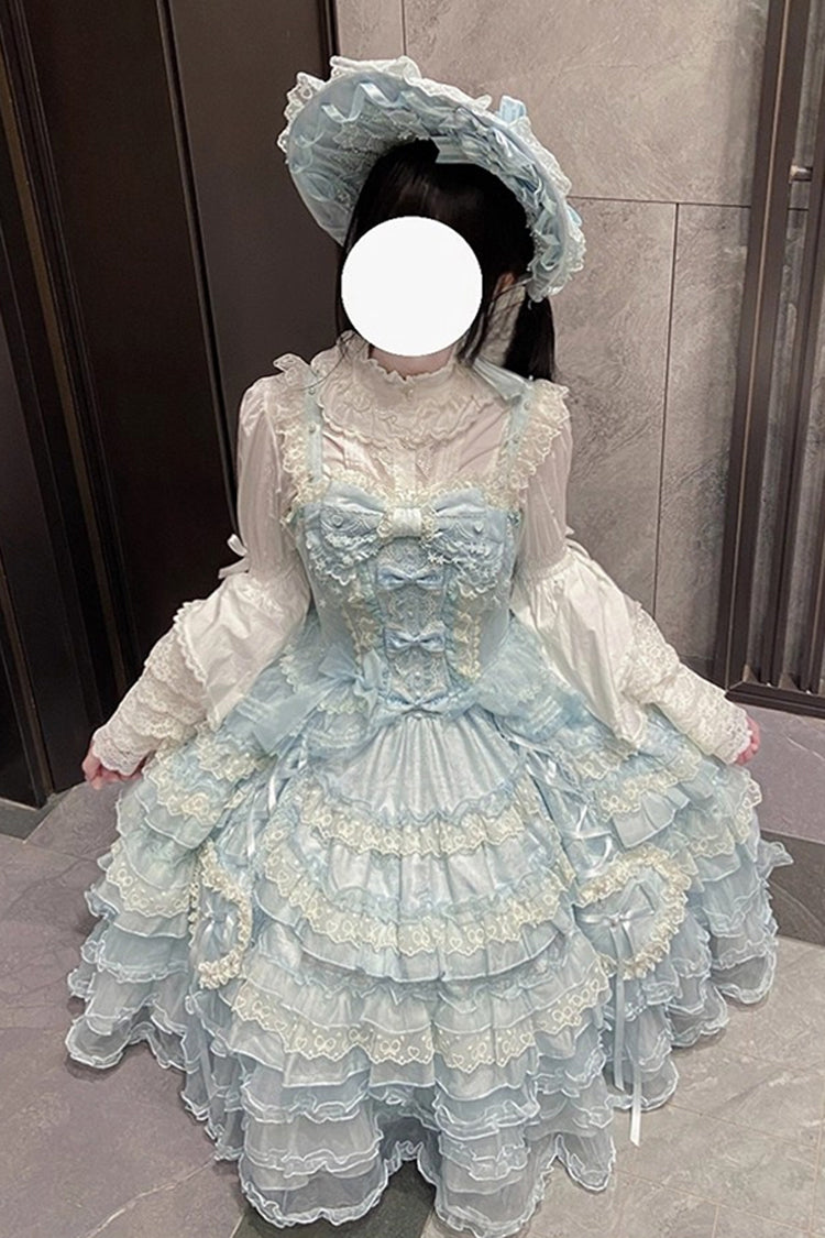 Blue [Sweetheart Diary] Multi-Layered Ruffle Hanayome Embroidery Bowknot Lace Sweet Lolita Jsk Dress - Product - 8