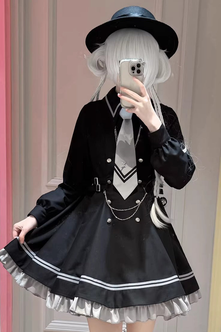 [Starlight Command] Long Sleeves Printed Ruffled Chain-Decorated Gothic Jirai Kei Dress Set 2 Colors - Product - 3