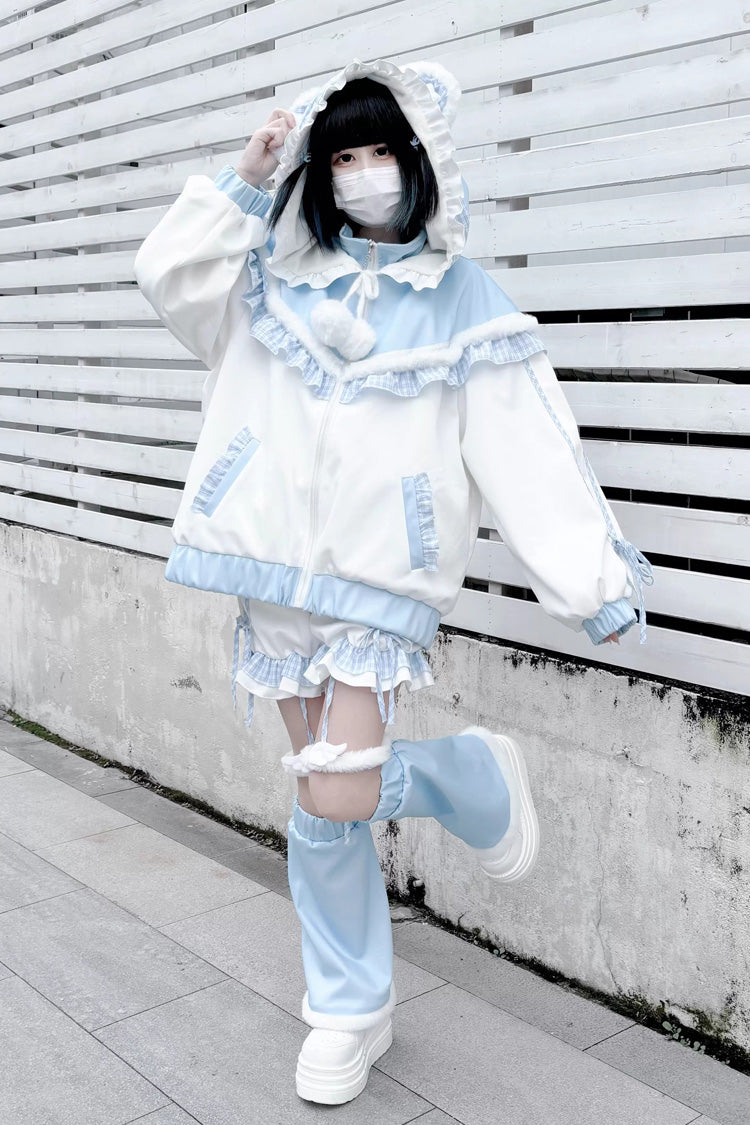 White/Blue [Sweet Star Bear] Long Sleeves Ruffle Hooded Japanese Jirai Kei Sports Coat - White/Blue - 1