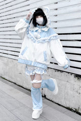 White/Blue [Sweet Star Bear] Long Sleeves Ruffle Hooded Japanese Jirai Kei Sports Coat - White/Blue - 1