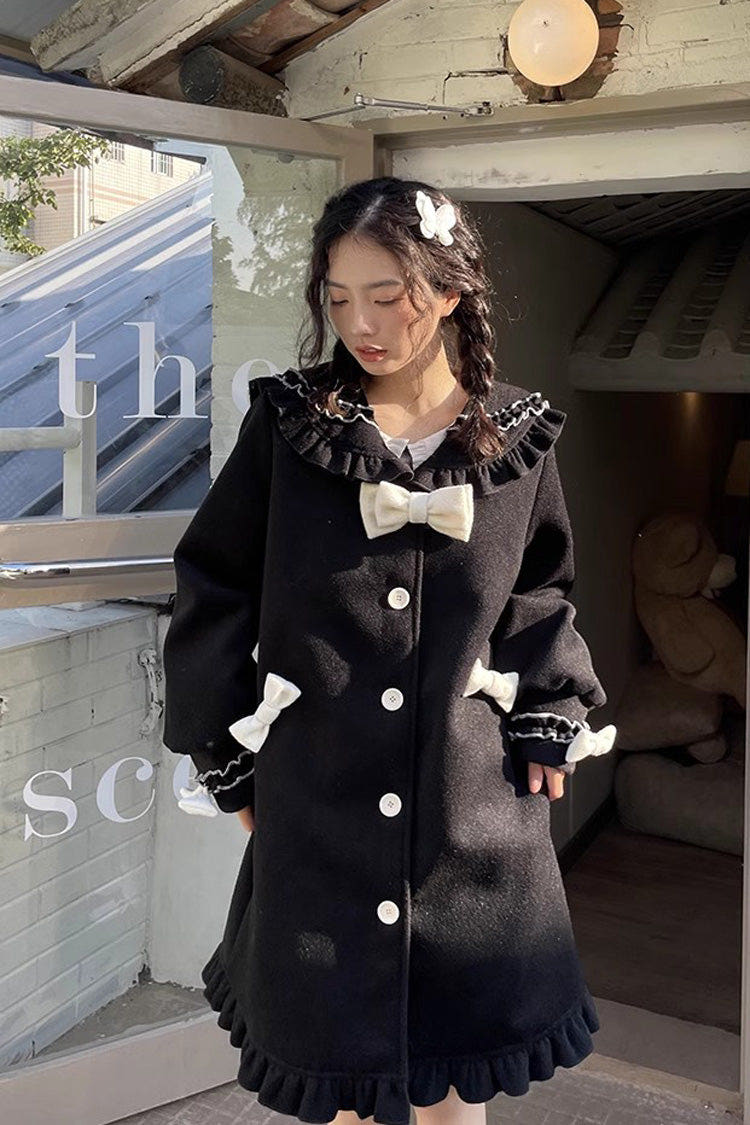 Black [Bouquet Bear] Doll Collar Long Sleeves Ruffle Bowknot Princess Lolita Coat - Black - 1