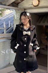 Black [Bouquet Bear] Doll Collar Long Sleeves Ruffle Bowknot Princess Lolita Coat - Black - 1