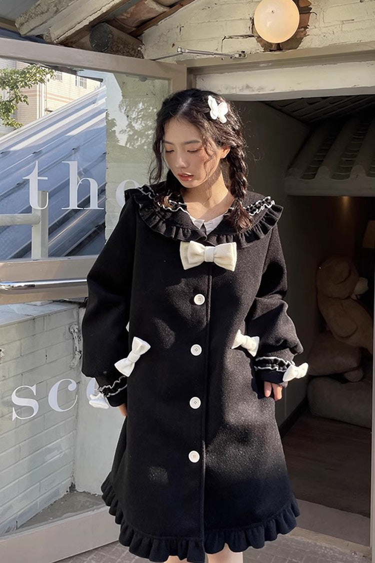 Black [Bouquet Bear] Doll Collar Long Sleeves Ruffle Bowknot Princess Lolita Coat - Black - 1