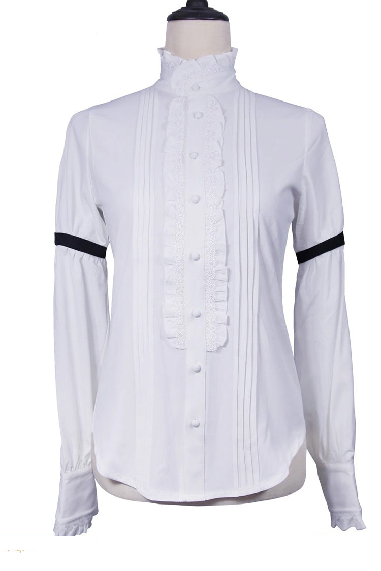 White [Eternal Rose Knight] Stand Collar Long Sleeves Ruffle Vintage Elegant Prince Handsome Lolita Blouse - White - 1