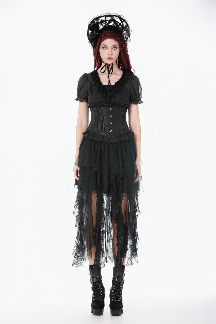 Black Solid Color Sleeveless Lace Lace-Up Women's Punk Underbust Corset - Product - 8