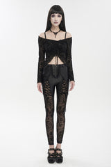 Black Flocked Stretch Slim Thigh Lace String Adjustable Women's Gothic Leggings - Product - 5