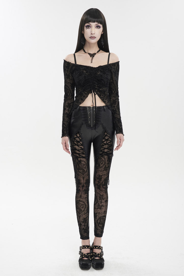 Black Flocked Stretch Slim Thigh Lace String Adjustable Women's Gothic Leggings - Product - 5