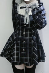 Black/White [Heart-beating Limited] Long Sleeves Plaid Print Print Bowknot Lace Gothic Jirai Kei Dress Set - Product - 4