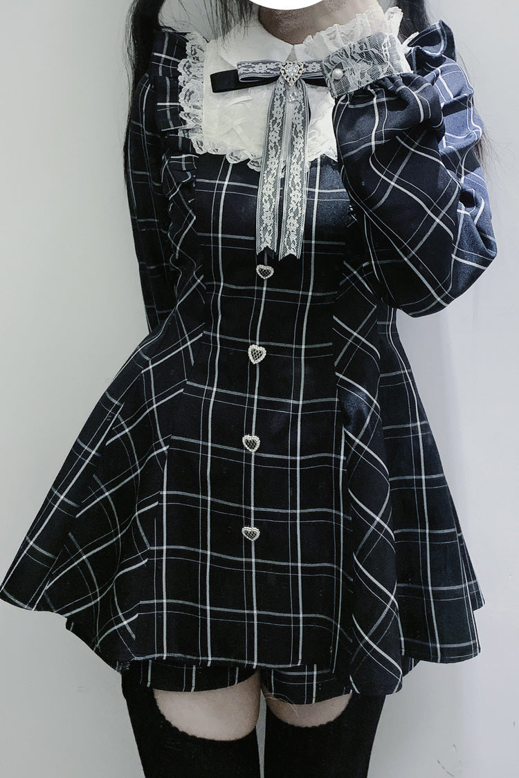 Black/White [Heart-beating Limited] Long Sleeves Plaid Print Print Bowknot Lace Gothic Jirai Kei Dress Set - Product - 4