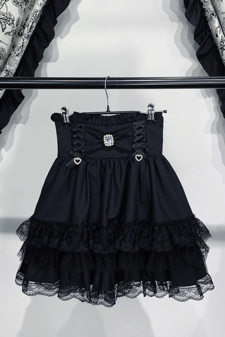 Jirai Kei Triple-Layered Printed Ruffled Bow Lace Sweet Japanese Skirt 3 Colors - Black - 6