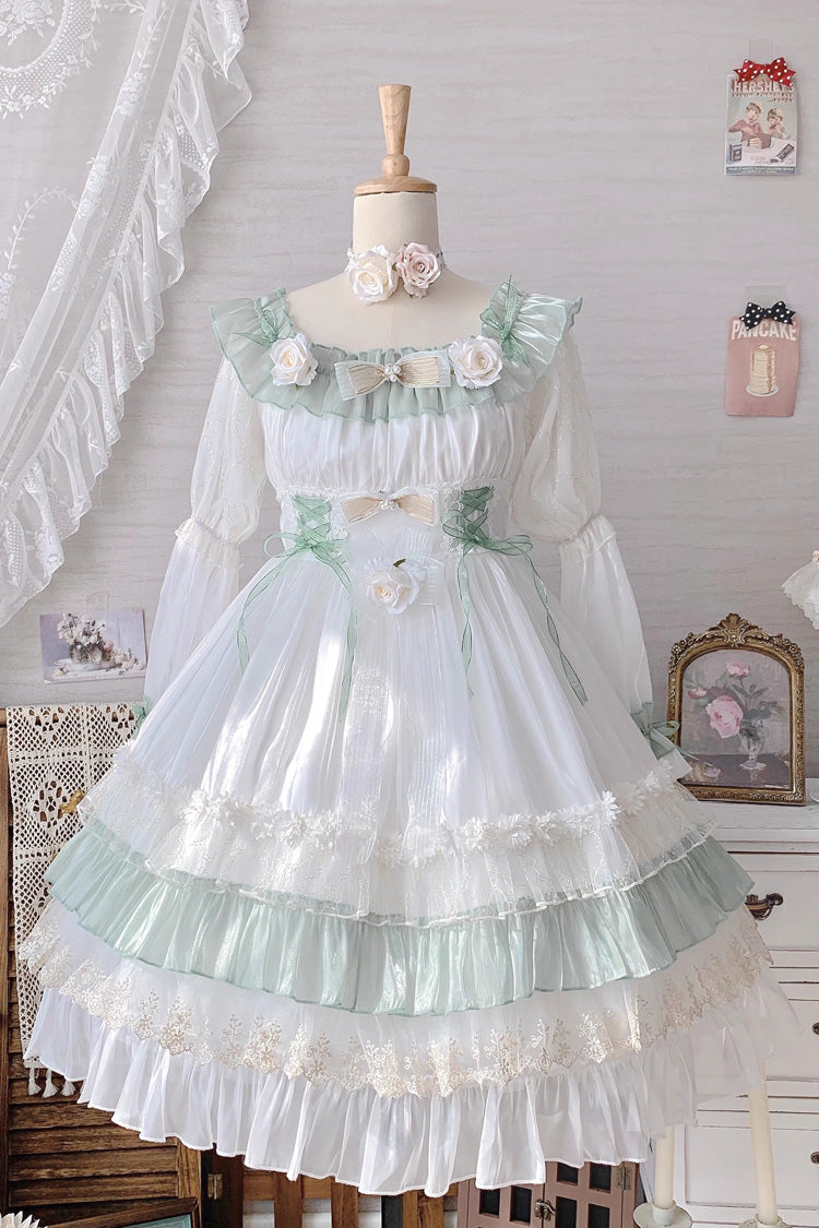Green [Spring of Boliya] Long Sleeves Multi-Layered Ruffle Bowknot Lace Lace-Up Sweet Princess Lolita Dress - Product - 6