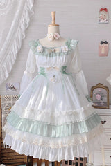 Green [Spring of Boliya] Long Sleeves Multi-Layered Ruffle Bowknot Lace Lace-Up Sweet Princess Lolita Dress - Product - 6