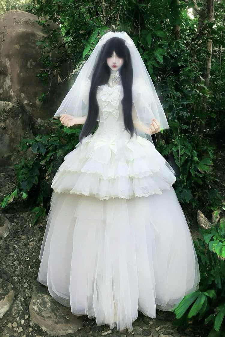White [Pure White Prayer · Snow Love] Square Collar Ruffled Bow Lace Classic Gothic Lolita Dress Set - Product - 7