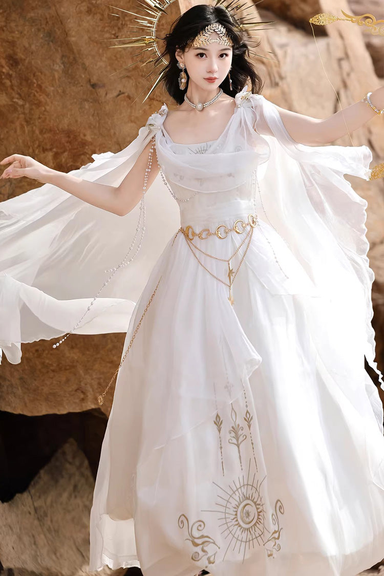 White [Aurelia of the Holy Light] Square Collar Printed Embroidered Chain-Decorated Sweet Elegant Lolita Dress - Product - 6