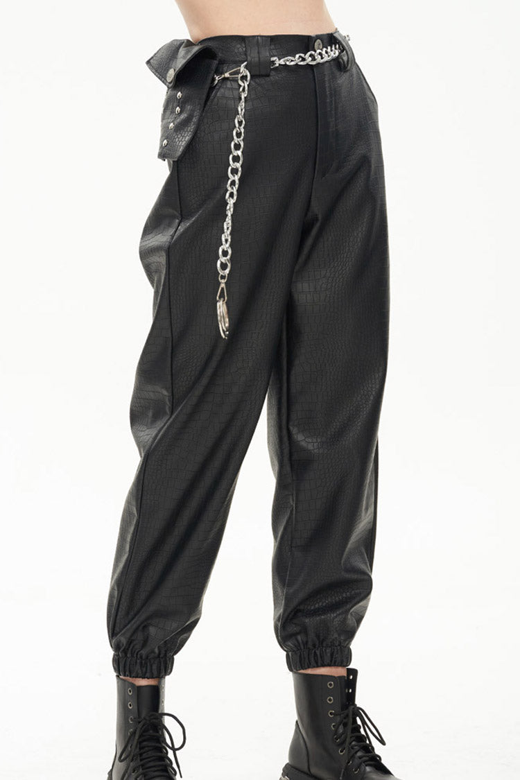 Black Gothic Crocodile Pattern Metal Chain Design Lantern Leather Women's Pants - Product - 2