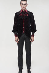 Black/Red Gothic Lace Stand Collar Ruffle Lantern Sleeves Velvet Crack Men's Shirt - Product - 9
