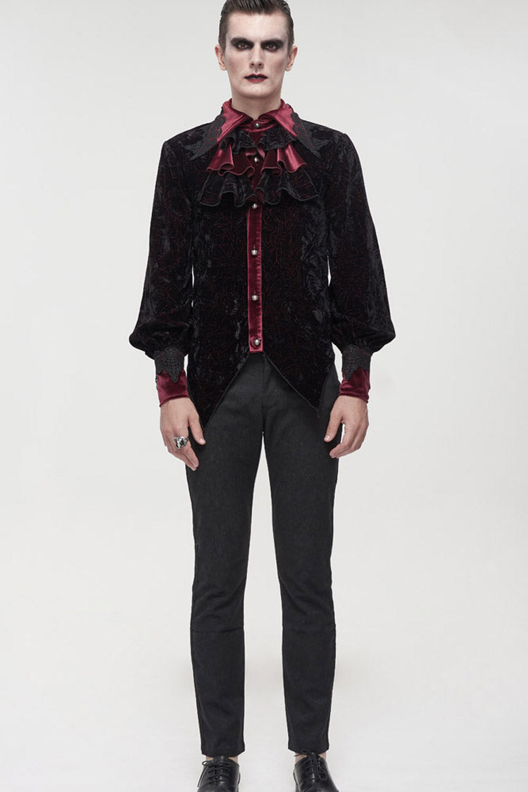 Black/Red Gothic Lace Stand Collar Ruffle Lantern Sleeves Velvet Crack Men's Shirt - Product - 9