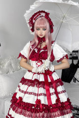 White/Red [Layered Red Velvet] Short Sleeves Ruffle Bowknot Lace Sweet Lolita Dress - Product - 8