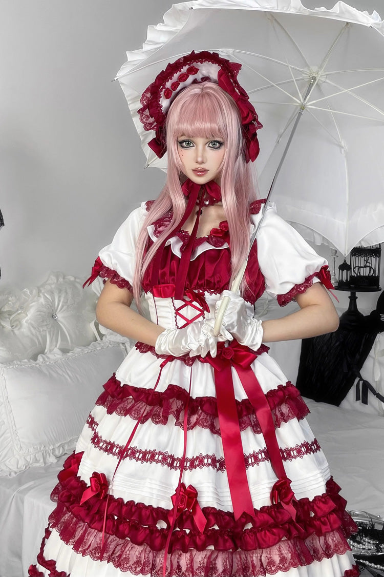 White/Red [Layered Red Velvet] Short Sleeves Ruffle Bowknot Lace Sweet Lolita Dress - Product - 8