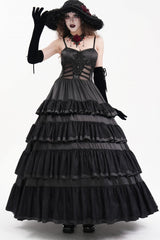 Black Multi-Layered Ruffle Lace-Up Mesh Women's Gothic Dress - Black - 1
