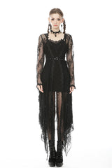 Black Long Trumpet Sleeves Sheer Floral Lace Women's Gothic Maxi Cloak with Belts - Product - 5