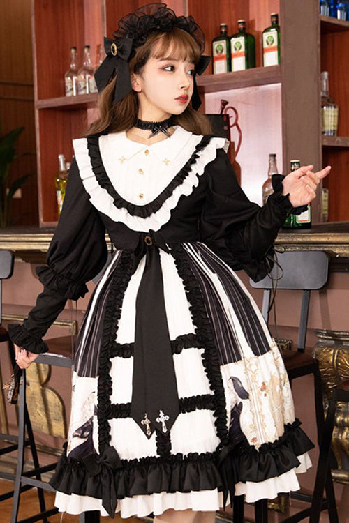 Black Doll Collar Long Sleeves Ruffled Anthem Print Gothic Lolita OP Dress - Product - 4