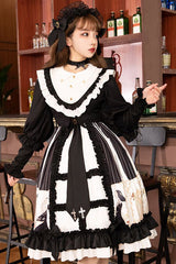 Black Doll Collar Long Sleeves Ruffled Anthem Print Gothic Lolita OP Dress - Product - 4